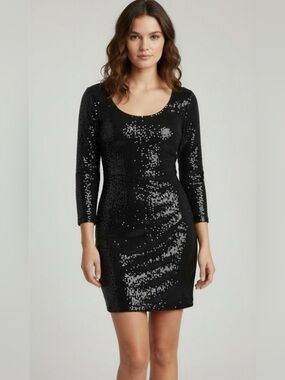 JustFab Black Sequin Sheath Dress with Three-Quarter Sleeves